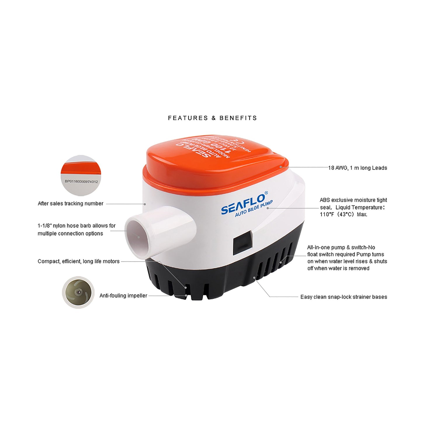 Seaflo Automatic Bilge Pump 12V 1100 GPH / 4164 LPH