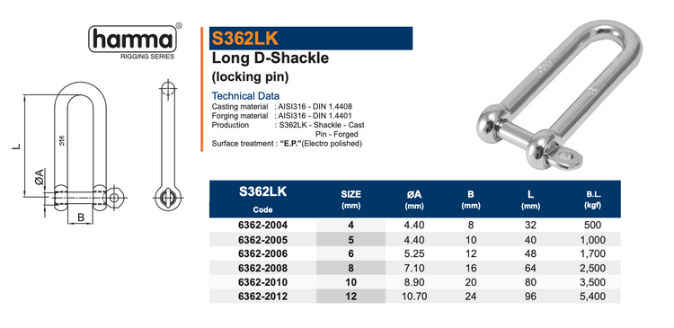 Hamma Stainless Steel Long 'D'-Shackle
